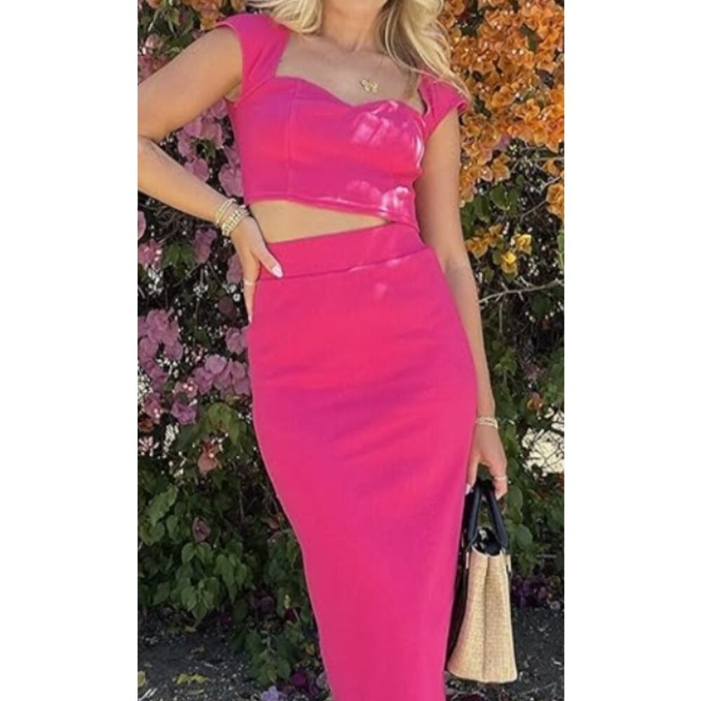 The Drop KarsenKimball Hot Pink Ribbed Sweatheart neckline Crop Top Large NWT